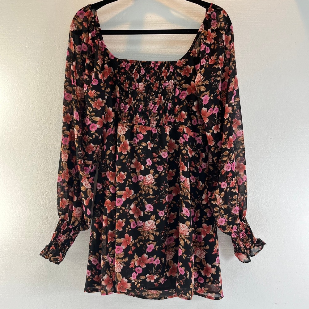 Forever 21 Mini Dress Large Black Floral Babydoll Dark Cottagecore Fairy Grunge - Picture 2 of 13